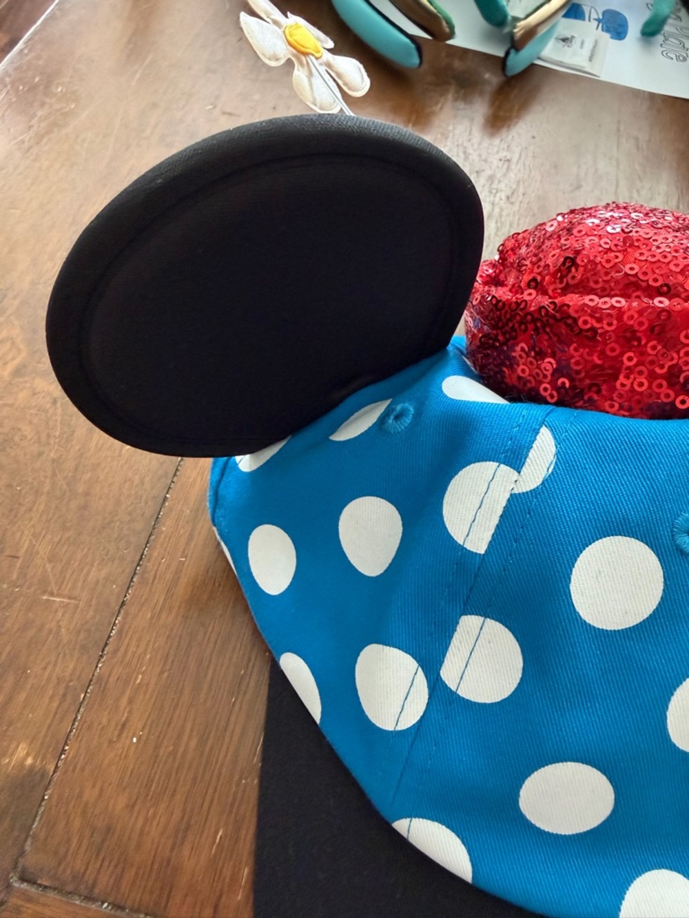 Disney Parks Exclusive Blue Polka Dot Minnie Mouse Hat w/Ears & Flower NWT - Picture 2 of 8